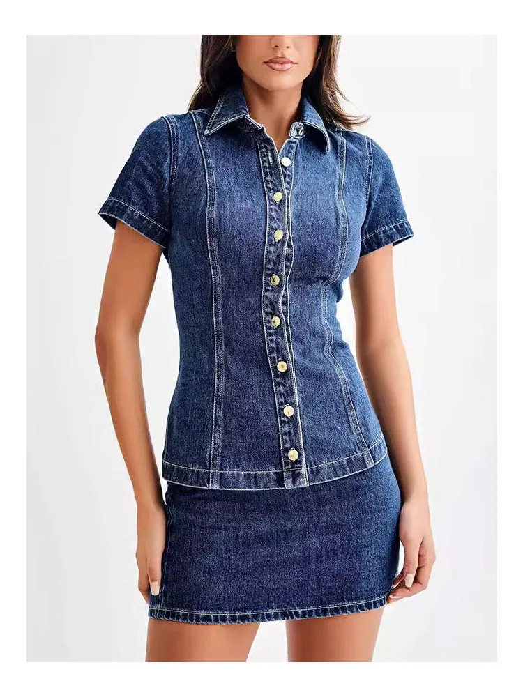 Women Denim Two Piece Sets Single-breasted Splice Short Sleeve Jackets Slim Fit Straight Wrap Hip Ultra Short Skirt Female Suits 6