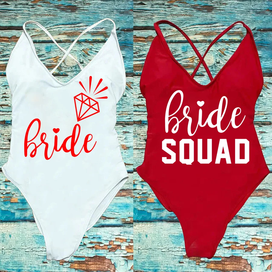 Padded One Piece Swimsuit Sexy BRIDE SQUAD Letter Print Women Bikini Bathing Suit Summer Bodysuit Backless monokini one piece swimsuit women swimsuit