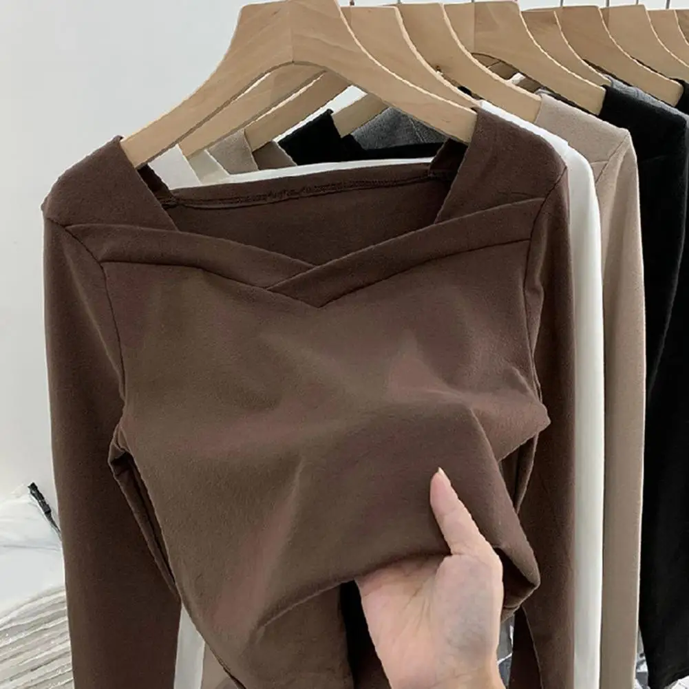 

Winter Autumn Women Basic Top Slim Fit Square Collar Long Sleeves Bottoming Blouse Solid Color Double-sided Fleece Pullover Top