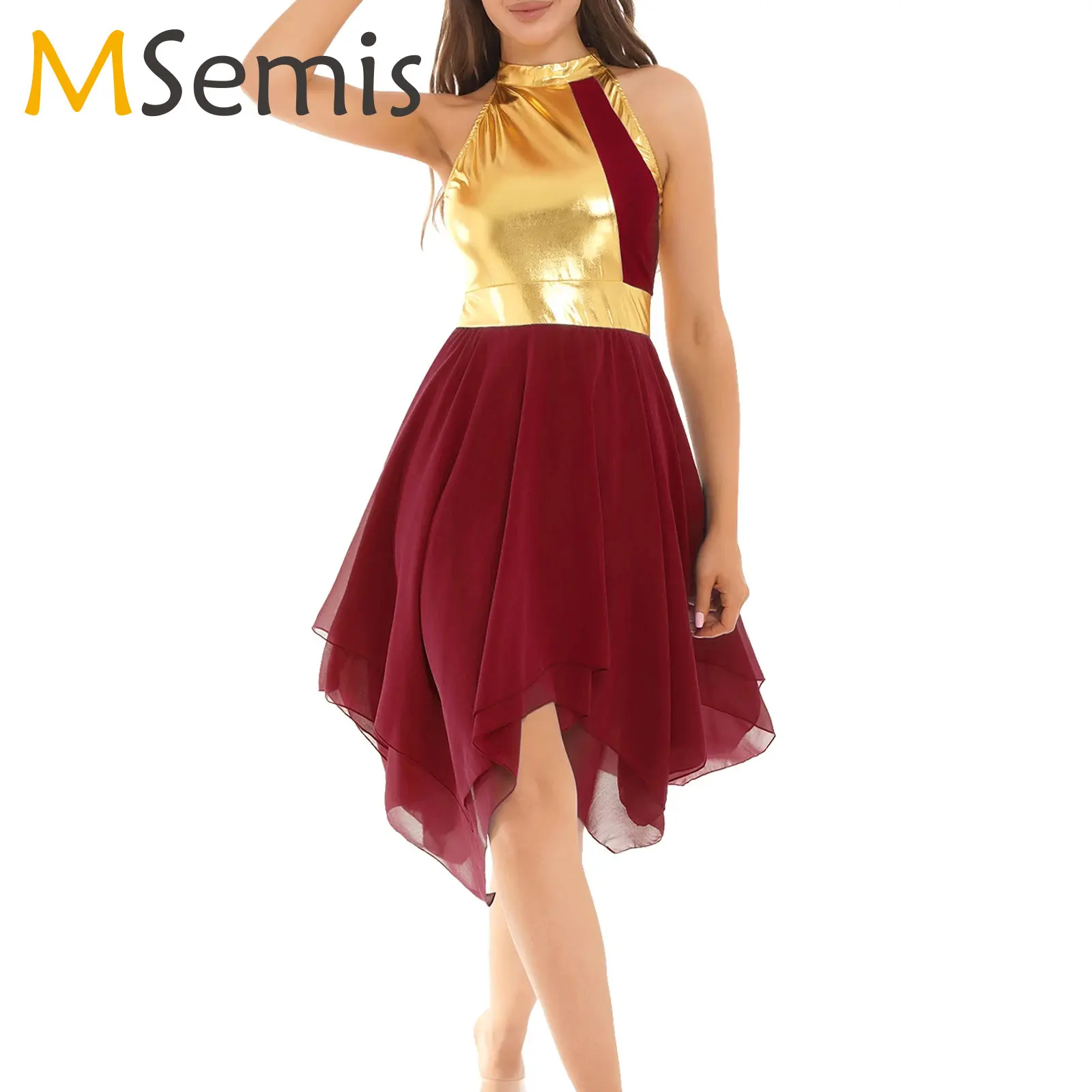 

Womens Ballet Lyrical Dance Performance Costume Praise Liturgical Worship Dance Dress Ruffled Asymmetrical Hem Dress Dancewear