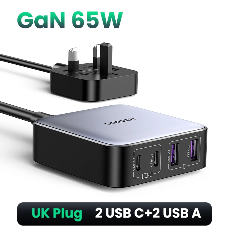 thumbnail image 1 of Cargador UGREEN 100W 65W GaN Cargador rápido para computadora portátil de escritorio Adaptador 4 en 1 para iPhone 16 15 14 Pro Max Cargador de teléfono Xiaomi Samsung, 1 of 5