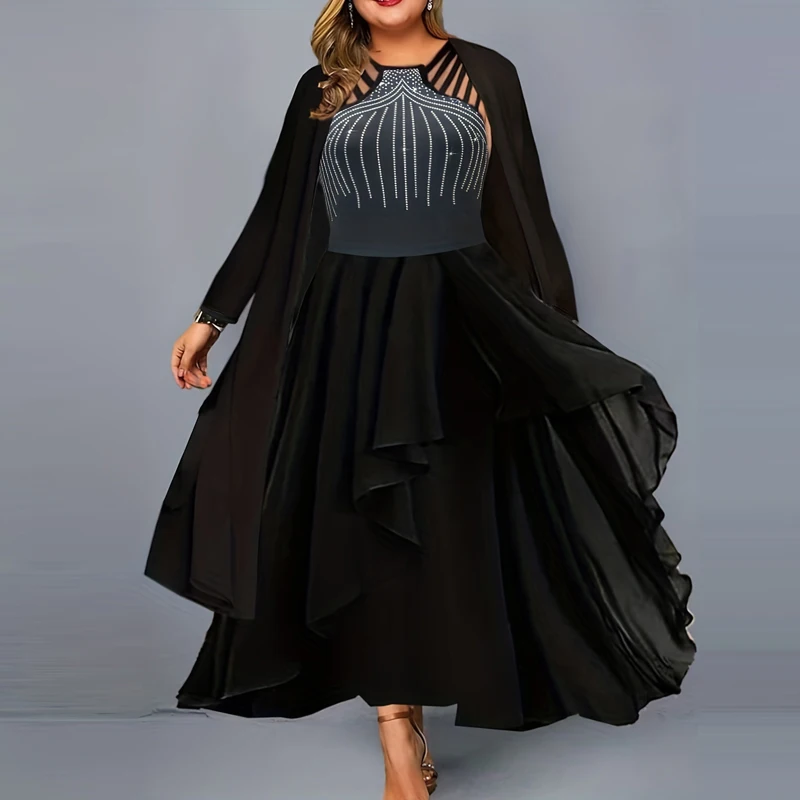 

Femme Elegant Shiny Diamond Party Dress With Chiffon Cardigan Spring Ruffle Two Piece Suit Dress Women Off Shoulder Autumn Dress