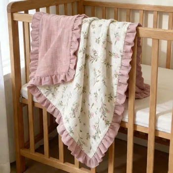 Coperta fasciatoio in mussola per neonato, stampa floreale, morbida fascia traspirante con bordo arricciato, neonata e ragazzo