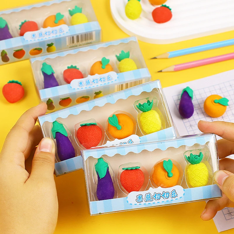 

4Pcs Kawaii Simulation Fruit Vegetable Shape Eraser Cartoon Cute Pencil Eraser School Office Supplies Stationery Children Gift