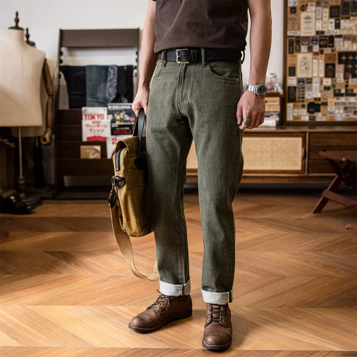 Red Tornado Tea Green 14oz Selvedge Denim Jeans Straight Fit Amekaji Pants Men 3
