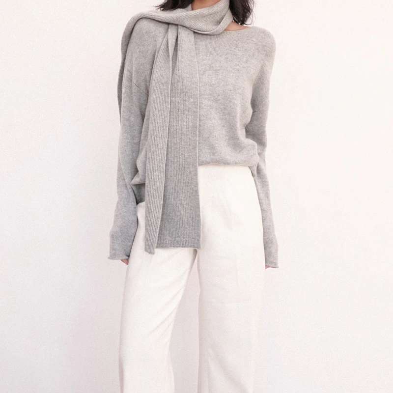 

Autumn and Winter Women's Knitted Threaded Sweater 100% Cashmere Round Neck Pullover + Scarf