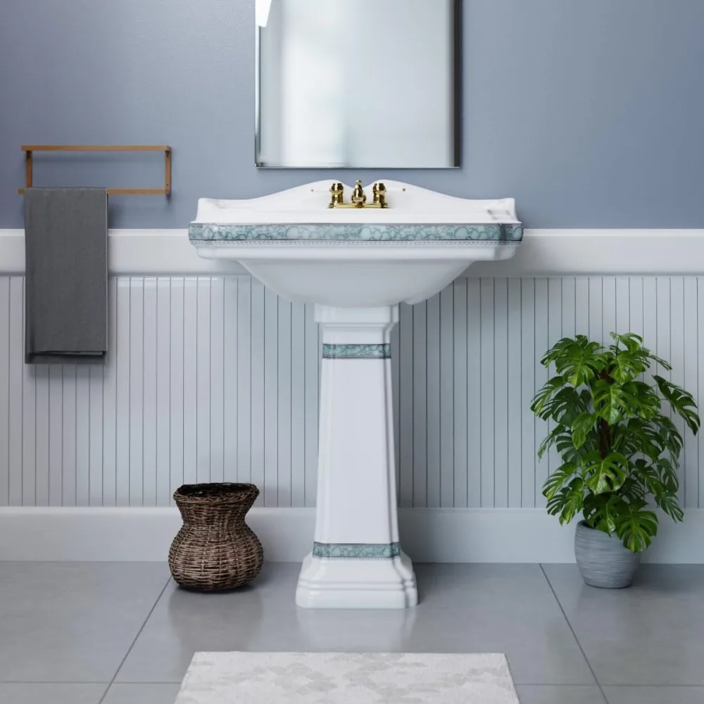 Pedestal Sinks for Bathrooms Wide White Porcelain Bathroom Pedestal Wall Mounted Sink with Green Gold Accent 2