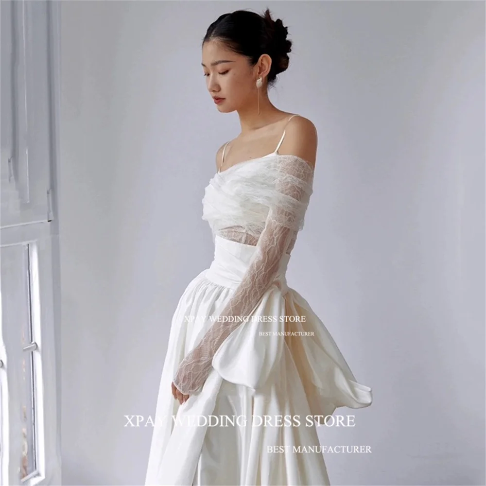 XPAY V Neck Spaghetti Straps Korea Wedding Dresses A Line Satin Bridal Gown Photos Shoot Corset Backless Pleat Lace Bride Dress 5