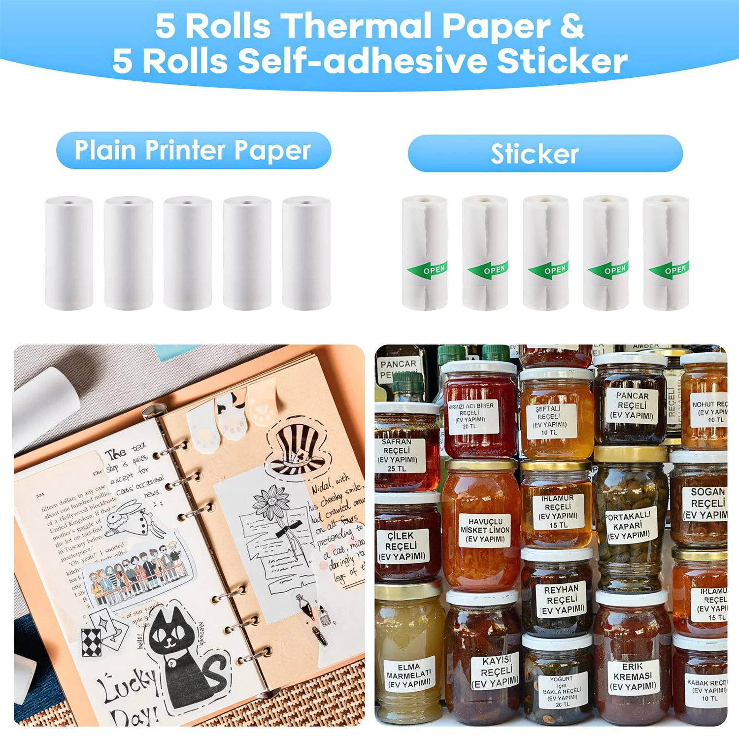 10 Rolls Thermal Inkless Printing Paper for Mini Sticker Receipt Printer Portable Bluetooth Pocket Printer, Including 5 rolls of