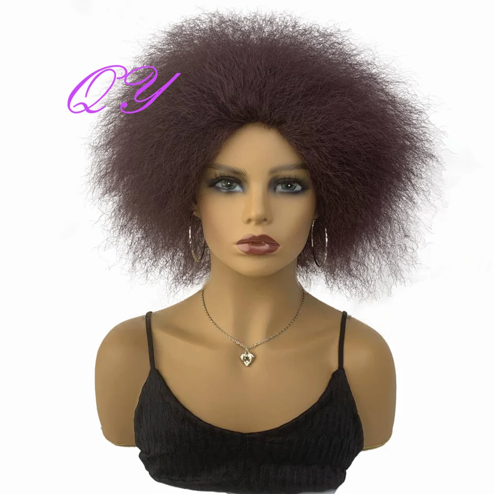 Synthetic Short 99j Yaki Straight Woman Wig  Purple Fluffy Soft  Hot Selling   Black African Women  Party Daily Hair Wig