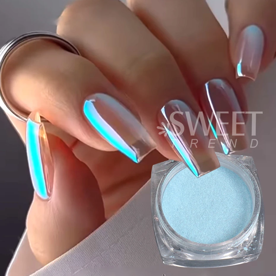 2pcs Moonlight Blue Aurora Chrome Nails Powder Glitter Rubbing on Powder Mirror Pigment Nail Art Supplies Manicure Decoration