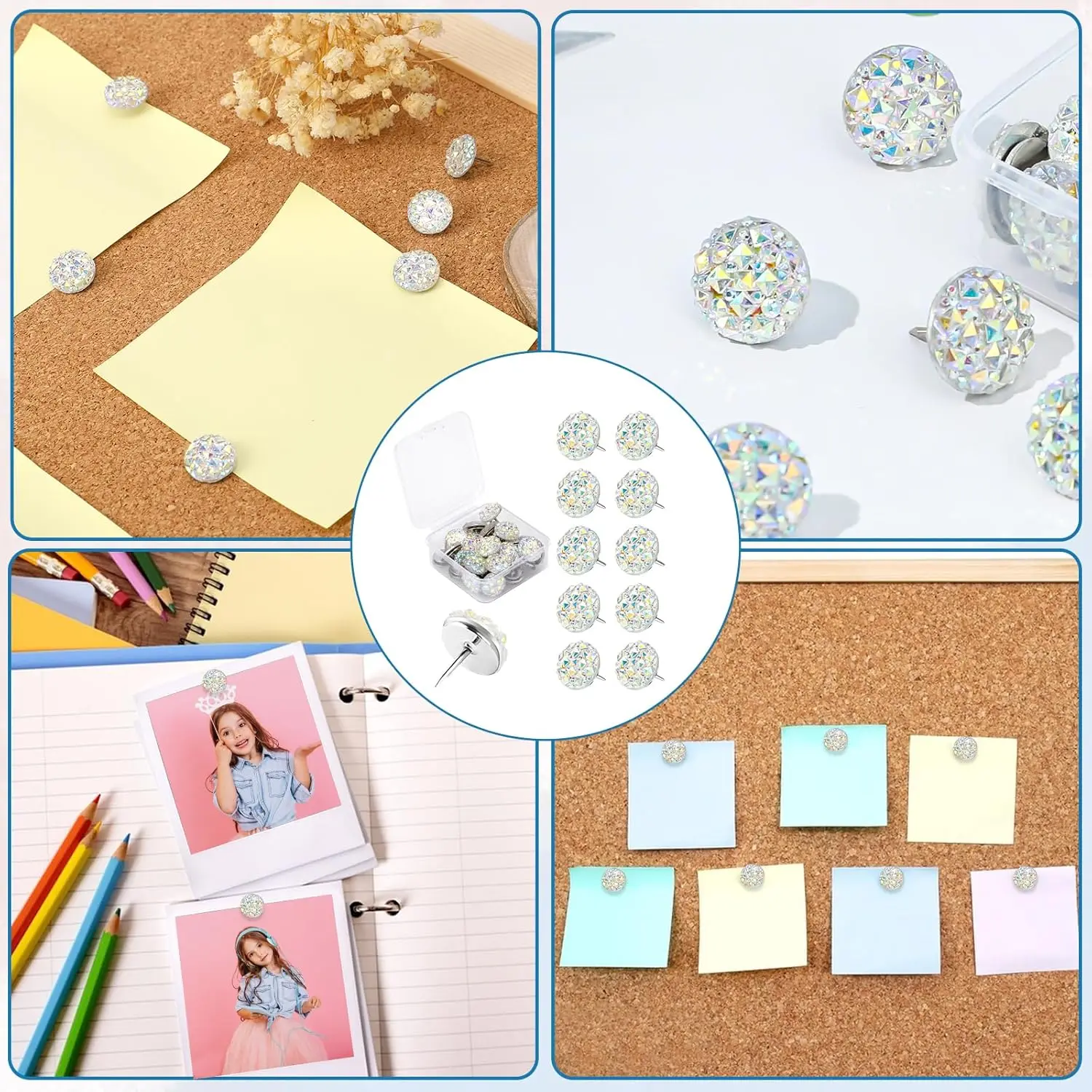 Plastic Push Pins 30Pcs Push Pins Shiny Diamond Push Pins Glitter Rhinestone Decorative Thumb Tacks for Wall Hangings Cork Board Bulletin Board