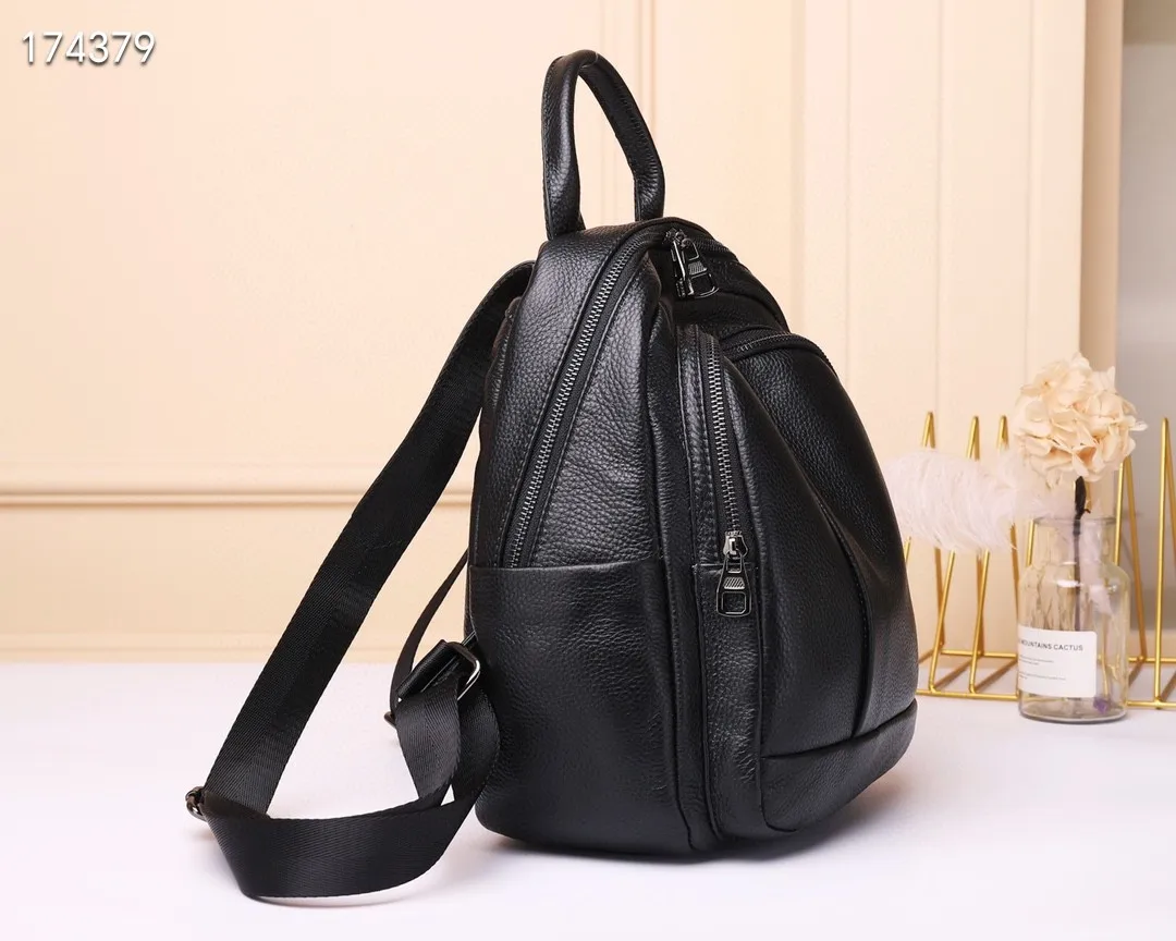 Schwarz Echtes Kuh Leder Rucksack Frauen Casual Anti-diebstahl Damen Echtes Leder Schulter Tasche Solide Muster Mädchen Schule Bagpack – Detail 7
