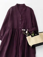 Women's Cotton Linen V-Ne Dr Two-Way Wear Long Sve Gown Button Sle A-Line Skirt Casual Commute Wind Spring Faion - Image 2