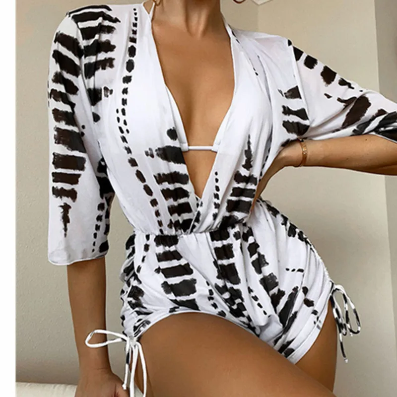 Long Sleeve Mesh Waist One-Piece Swimsuit High Waist Print Drawstring Three-Piece Bikini for Women