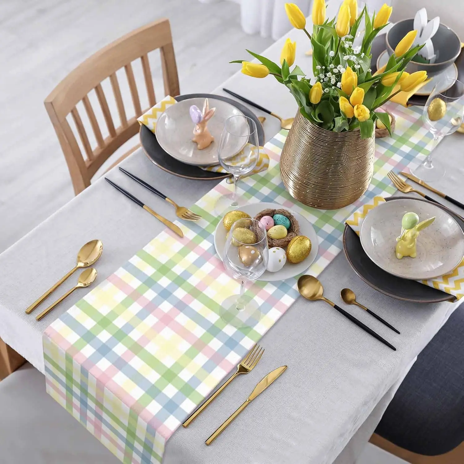 Easter Colorful Stripes Plaid Checkered Linen Table Runner Dresser Scarf Reusable Kitchen Dining Table Runner Easter Decorations 5