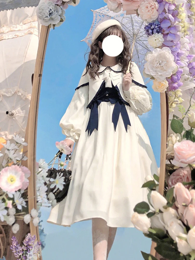 

Blue White Bow Coat Top Lolita Dress Set Women Cosplay Costumes Academic Gentle Two Piece Set Lol Cos Dress