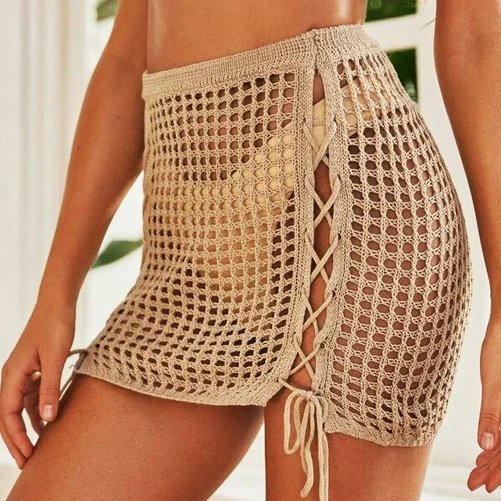Summer Women Fishnet Bikini Cover Up Mini Skirt Ladies Swimwear Hollow Out Knitted Beach Cover-Ups Short Beach Skirts Cover-Ups