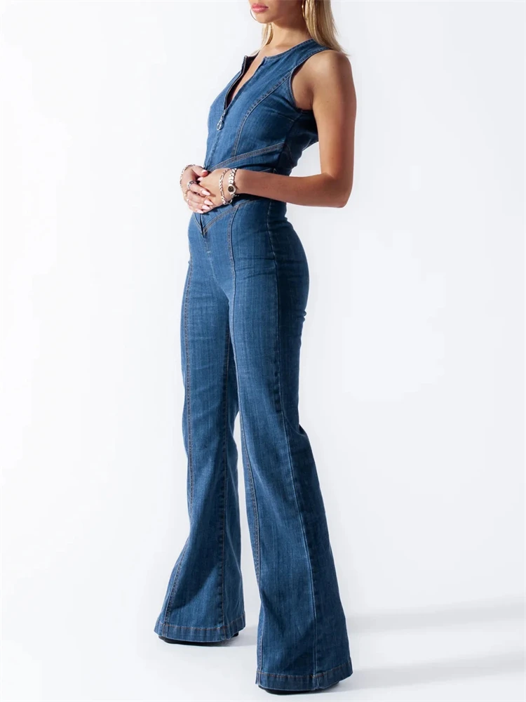 Denim Backless Sleeveless Jumpsuits Female Hollow Out Slim Fashion Heart Cutout Y2k Bodycon Jeans High Street Jumpsuits