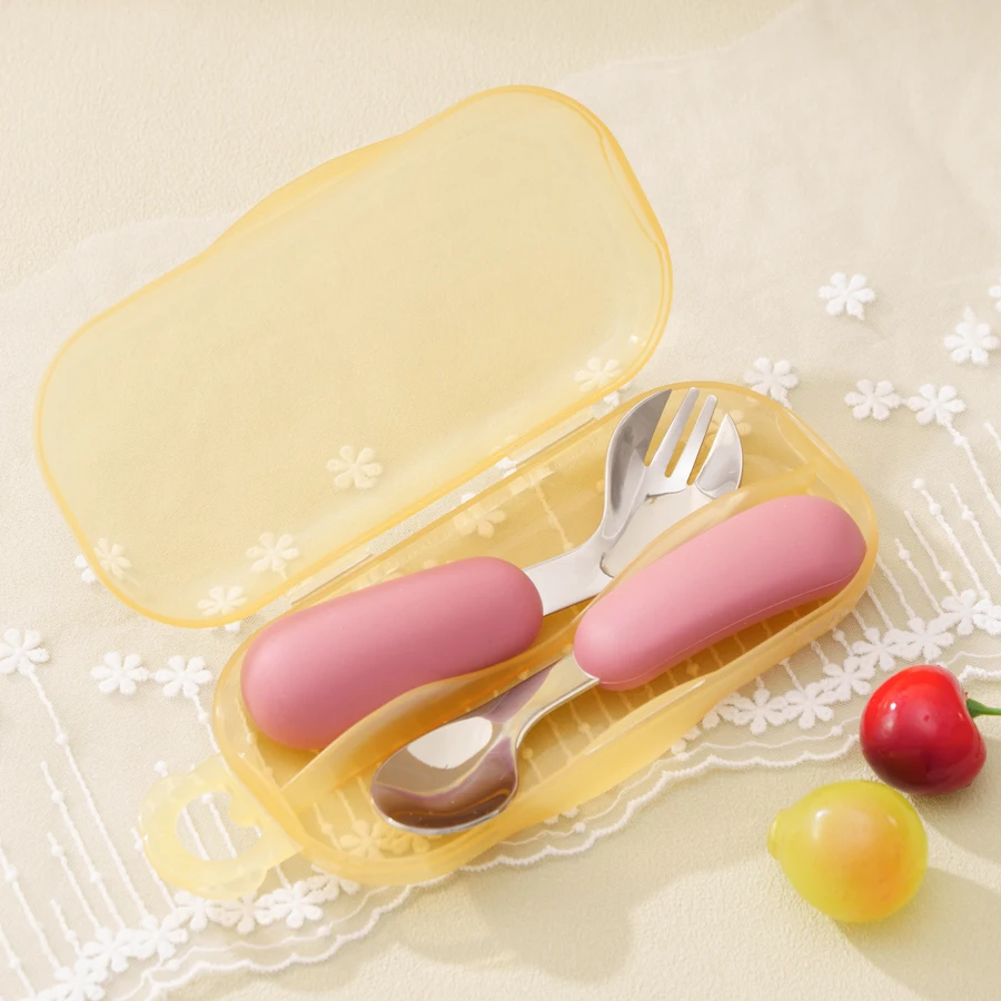 2PCS Baby Silicone Stainless Steel Fork Spoon Feeding Set Portable Kids Training Weaning Tableware Toddler Utensils Baby Stuff 3