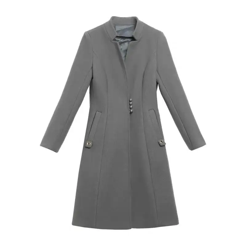 

NicePop Spring Autumn Women Jacket Long Single-Breasted Woolen Coat Slim Outwear Casual Turndown Collar Top Basic Female Costume
