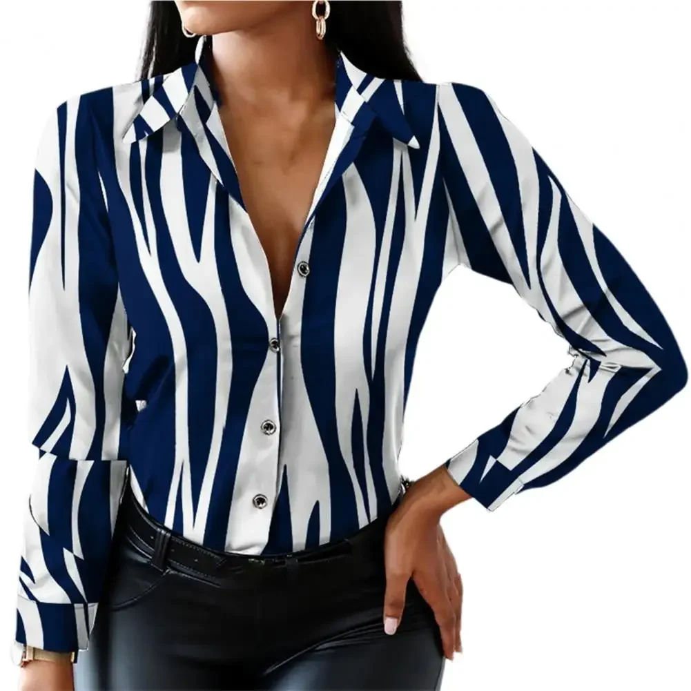 Office Lady Shirt Leopard Single Breasted Spring Autumn Temperament Lapel Blouse for Daily Wear