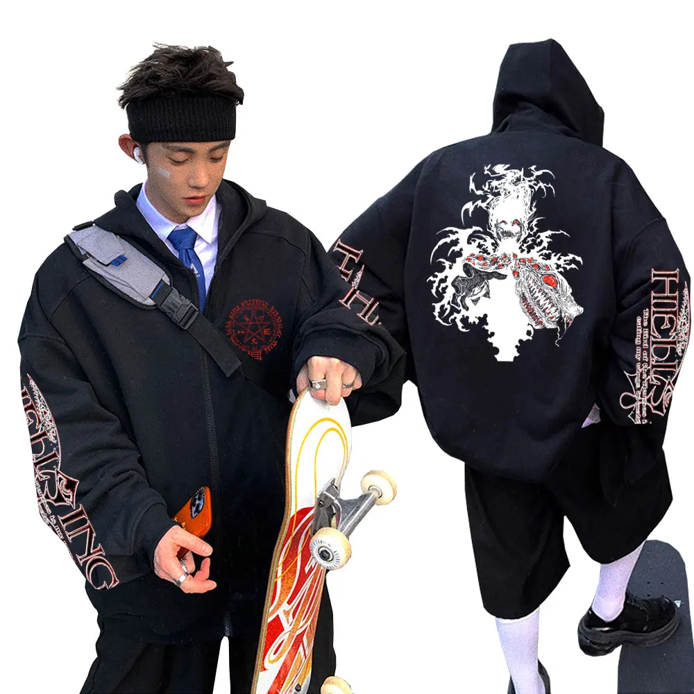 

Japanese Anime Hellsing Vampire Alucard Cool Print Zipper Hoodie Male Manga Vintage Jacket Men Harajuku Oversized Zip Up Hoodies