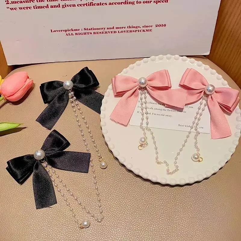 Neue Elegante Perlen-Schleife Quasten-Haarspangen Einfarbige Samt-Haarklauen Kinder-Prinzessinnen-Haarnadeln Haaraccessoires – Detail 7