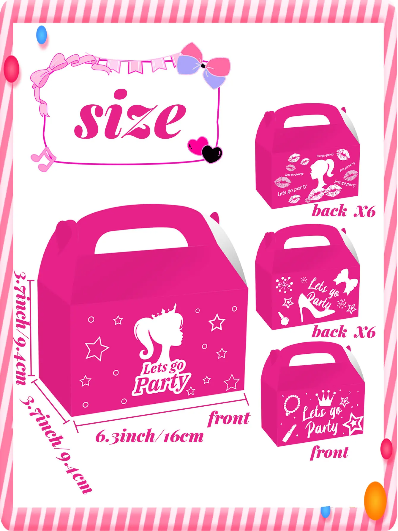 12 PCS Let's Go 파티 용품 핑크 사탕 상자 Let's Go 파티 선물 상자 치료 가방 소녀 생일 파티를위한 Goodie Bags