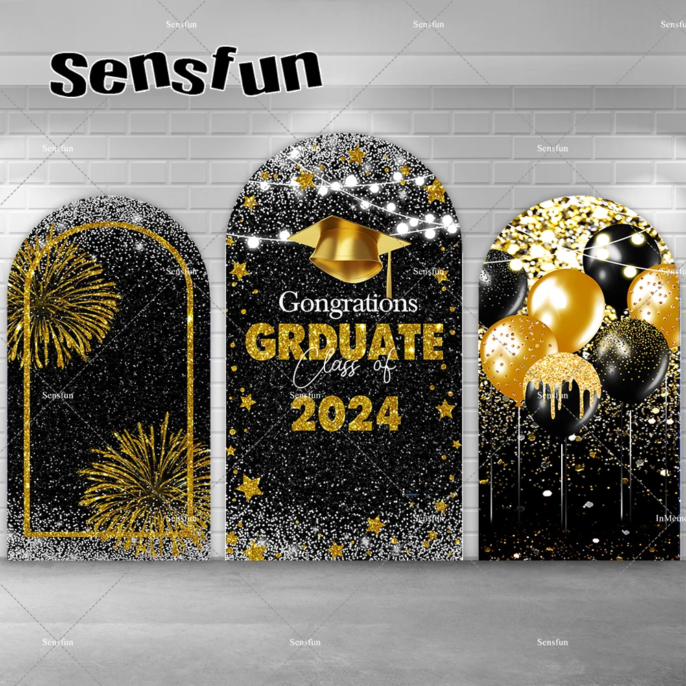

Congratulation Graduation Graduate Arch Backdrop Children Back To School Black and Gold Balloon Glitter Photographic Background