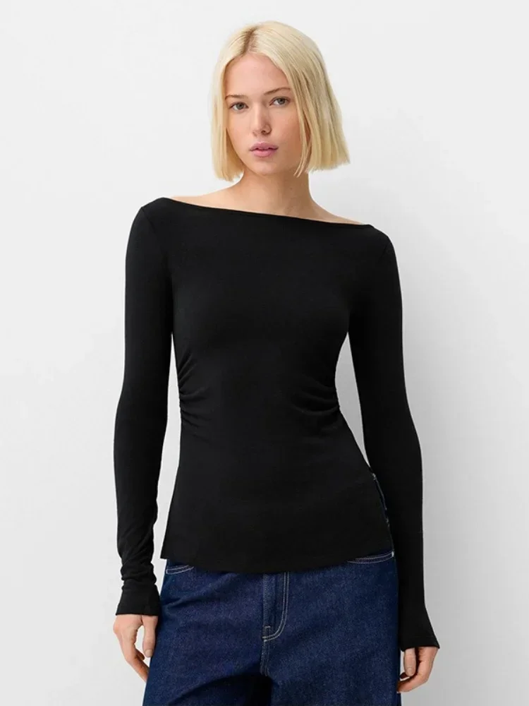 Футболки з довгим рукавом для жінок Вуличний одяг з гофрованими розрізами Естетичний одяг Slim Fit Y2k Top Slash Neck Camisetas Ropa Mujer