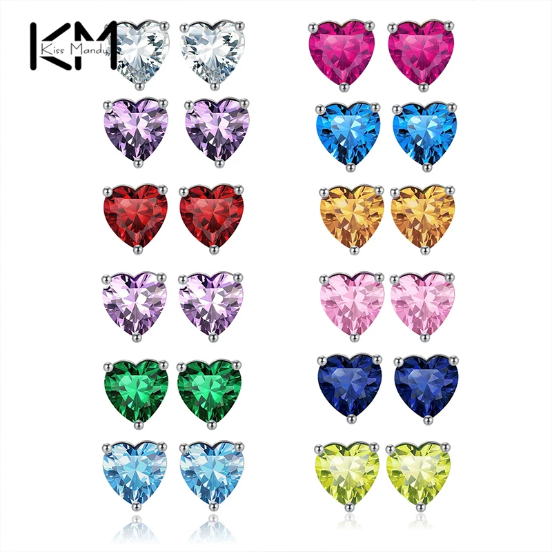 

KISS MANDY New Colorful Love Heart Stud Earrings 925 Sterling Silver Platinum Plated Cubic Zirconia Hypoallergenic Earring APE32