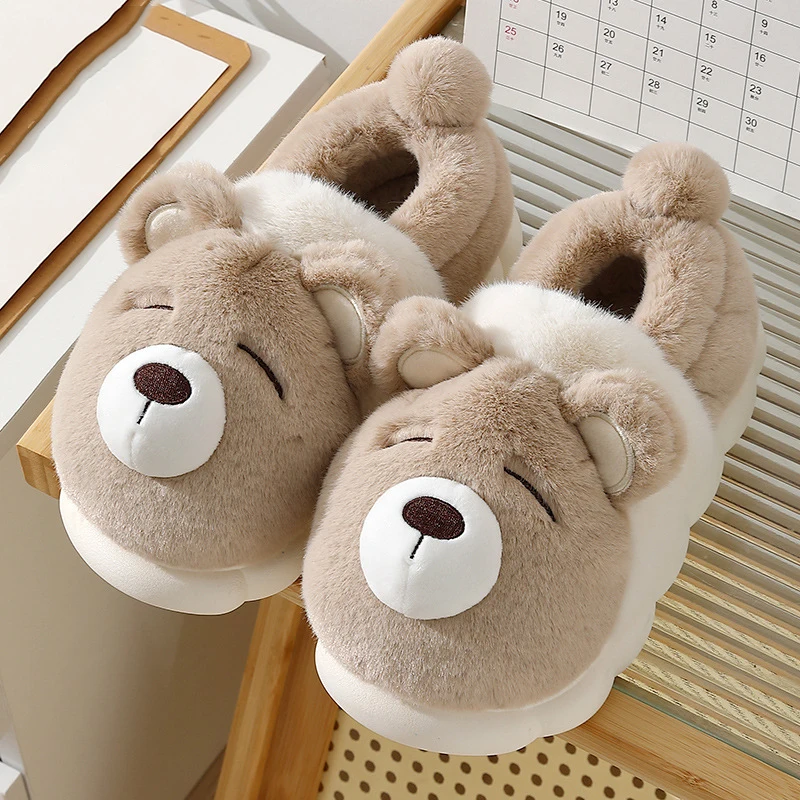 Cartoon Bear Shape Cotton Slippers Women 2025 Indoor Warm Slip On Plush Slides Woman Anti Slip Thick Bottom Fluffy Slippers