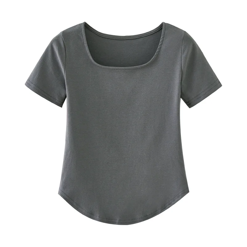 Women's Summer Cotton Short-Sleeve Curved Hem Slim Fit U-Neck Tee