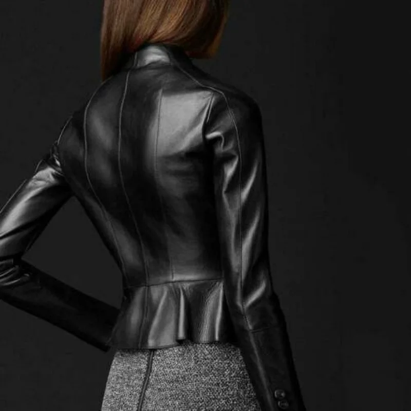 Women's Sheepskin Jacket Jacket Sexy Genuine Leather Short Style Motorcycle Long Sleeved European and American Fashion Trend