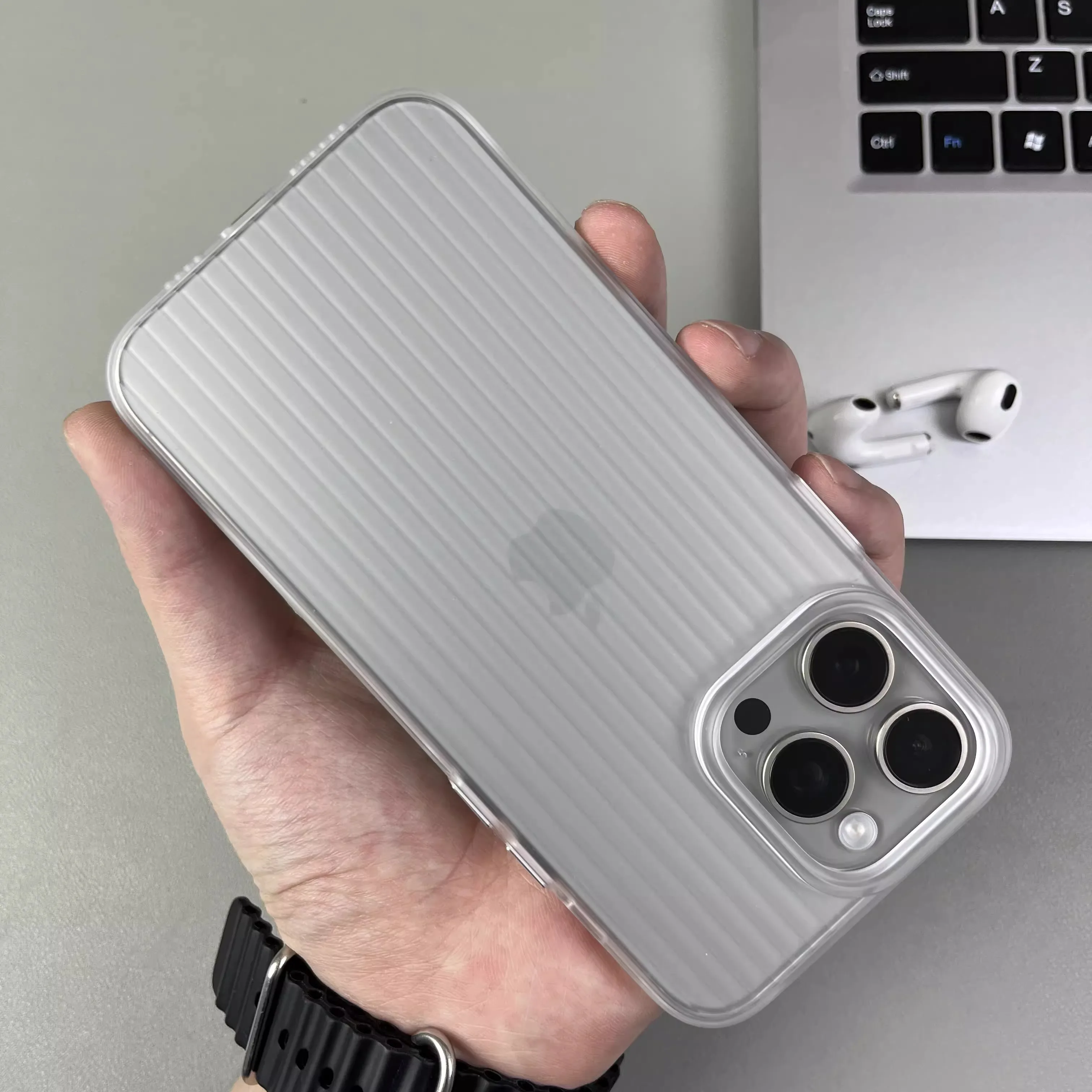 Natural Titanium Grating Stripe Pattern Shockproof Phone Case with Metal Buttons