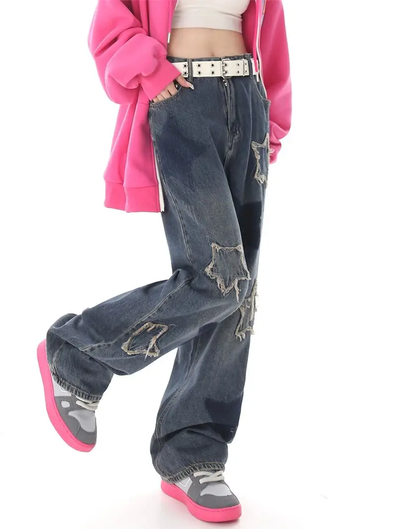 Sweet cool style ins retro dark blue American street washed star jeans women loose high street trendy straight casual pants y2k