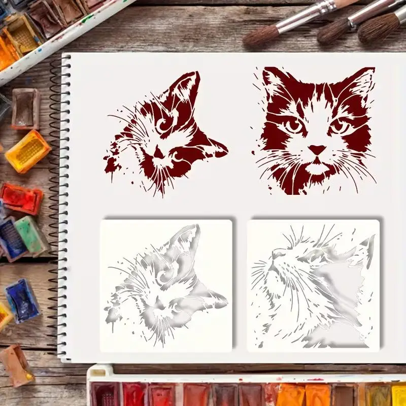 4개/세트 고양이 그림 스텐실, 귀여운 새끼 고양이 패턴이 있는 재사용 가능한 속이 빈 DIY 몰드, 나무 간판, 벽, 저널에 적합