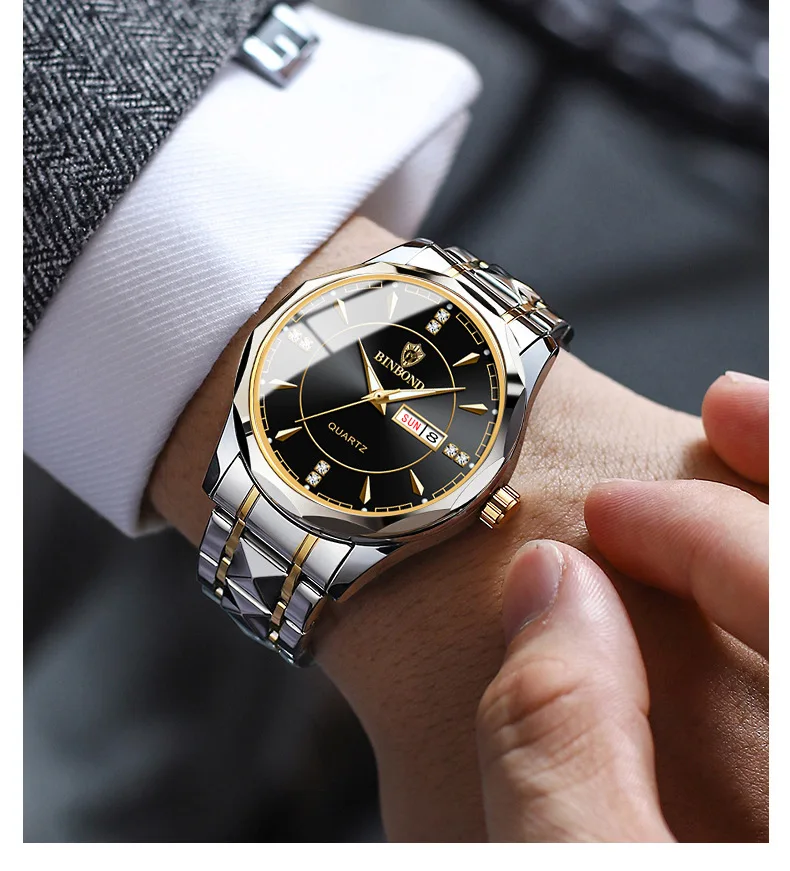 waterproof stainless steel golden male wristwatch