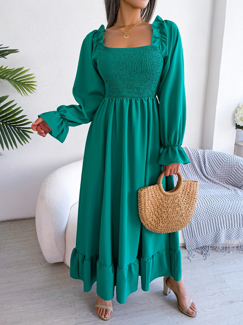 Autumn Casual Women Long Sleeve Ruffled Dress