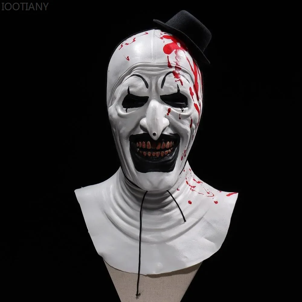 

2023 Cosplay Creepy Horror Demon Evil Joker Hat Latex Helmet Bloody Terrifier Art The Clown Mask Halloween Party Costume Props