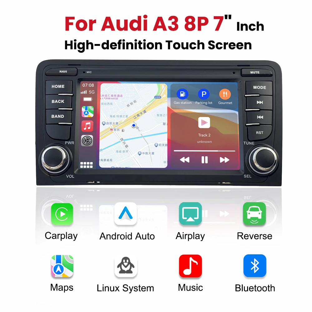 Radio para coche inalámbrico de 7 pulgadas con Carplay, Android Auto, Linux, para Audi A3 8P 2003-2012, reproductor multimedia de vídeo, pantalla táctil con YouTube en línea, Airplay, Autolink, Mirror Link, WiFi, Bluetooth, navegación GPS 2