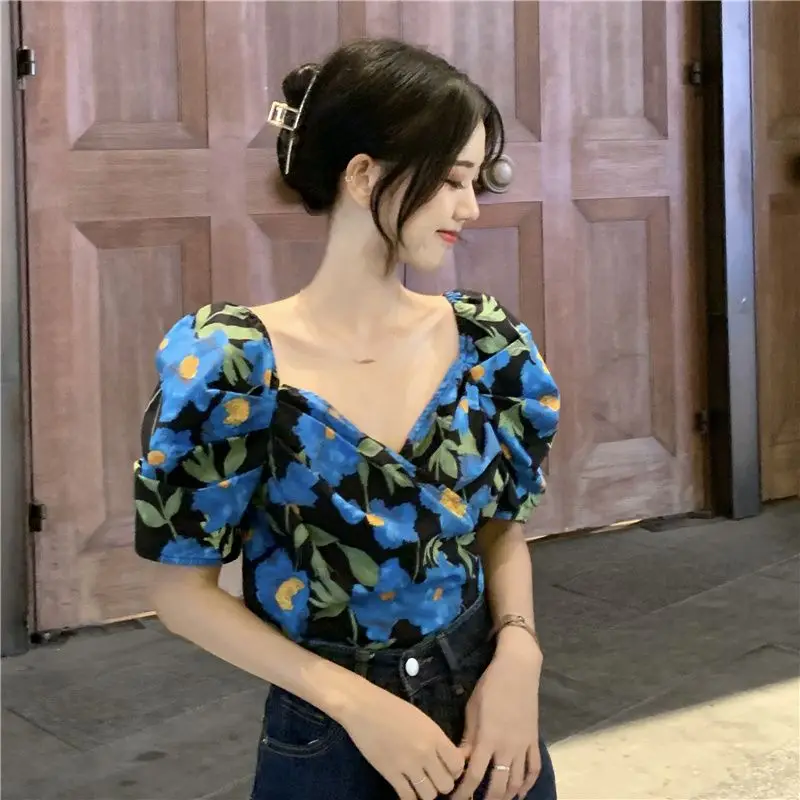 

Summer New Women's Square Neck Top Loose Casual Printed Shirt T-shirt
