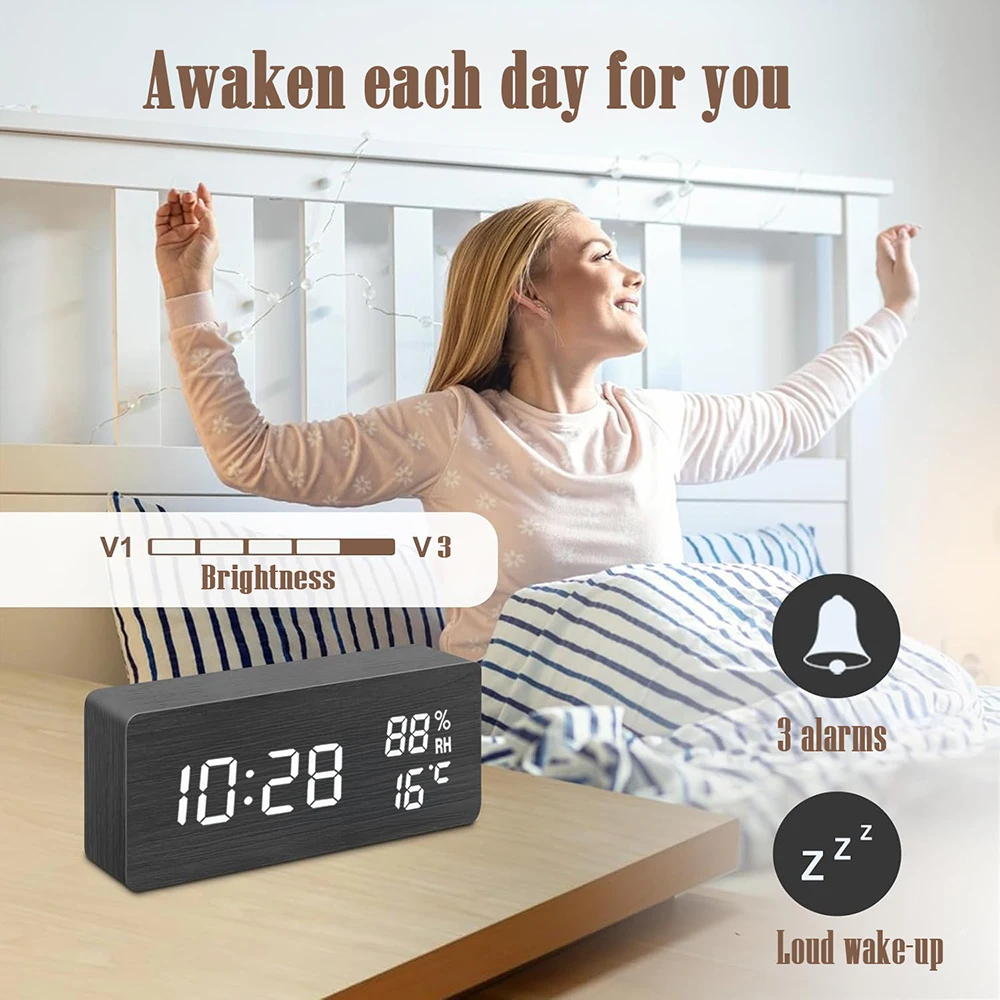 Wooden digital alarm clock with temperature humidity LED for office bedroom bedside decor gift