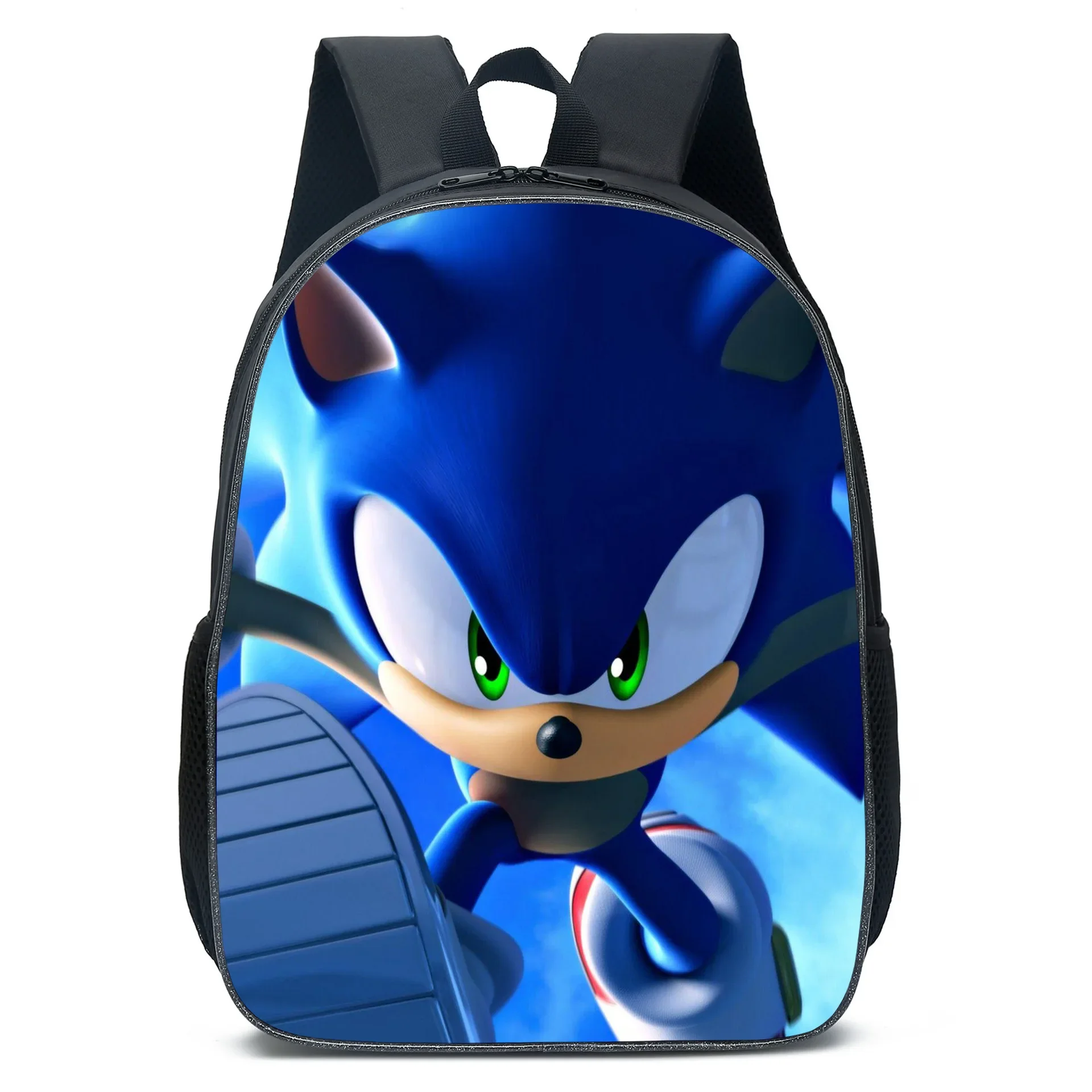 Colorful Sonic cartoon school backpack for kids featuring animated character design, padded straps, and spacious compartments for school supplies. blue sonic face