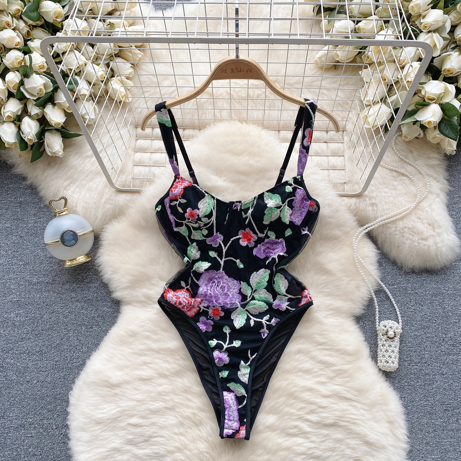 

Sexy Floral Embroidery Slim Black Playsuits Women Strap Sleeveless Backless Mesh Sexy Bodysuits 2023 new Fashion