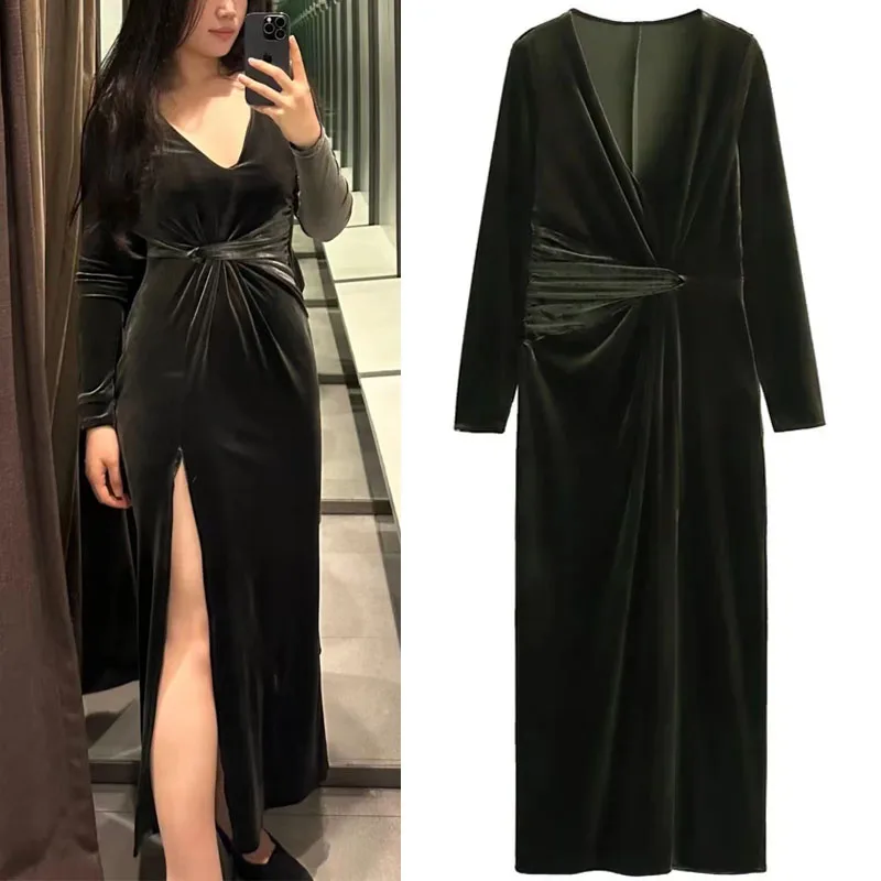 

TRAF V-Neck Knotted Midi Dress Woman Autumn Party Ruching Long Sleeves Maxi Dresses Prom Elegant Front Slit At Hem Vestidos Lady