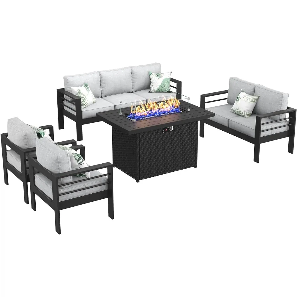 Aluminum Furniture Set with Fire Pit Table, Patio Sectional Conversation Chat Sofa Modern Seating Set 2