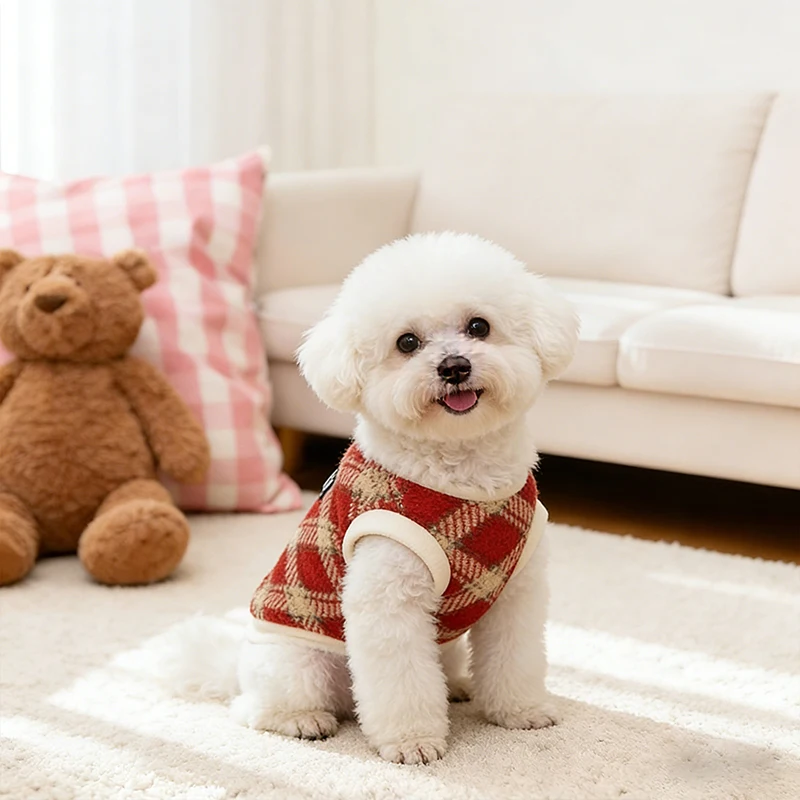 두꺼운 강아지 스웨터 새해 크로스 소형견 옷 가디건 고양이 강아지 애완동물 의류 가을 겨울 따뜻한 체크무늬 캐주얼 스타일