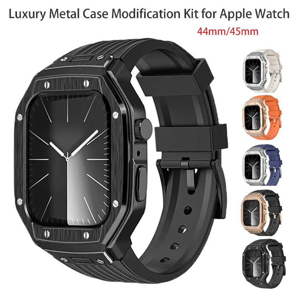 

Luxury Metal Case Modification Kit for Apple Watch Apple Watch7 8 9 44mm 45mm Men Case Silicone Band for iwatch 4 5 6se Strap